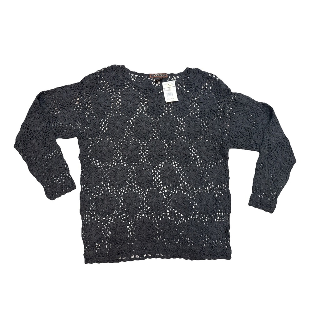 VTG Crochet Black Long Sleeve Witchy Whimsical Grunge Mesh Sweater Yarnworks NWT